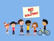 Children bullying. Diverse group of kids holding protest sign.